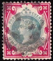 SG214 (K41) 1/- Green & Carmine - Average Used (Cat. £75)