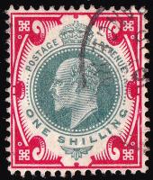 SG257 (M45) 1/- Dull Green and Carmine - Fine Used (Cat. £20)