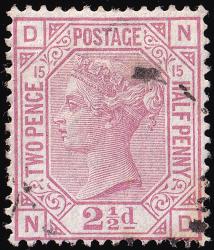 SG141 (Pl.15) 2½d Rosy Mauve (Plate 15) - Fine Used (Cat. £40) - (Spec: J16) (Scott: 67) SG141 (Pl.15) 2½d Rosy Mauve (Plate 15) - Fine Used (Cat. £40) - (Spec: J16) (Scott: 67)