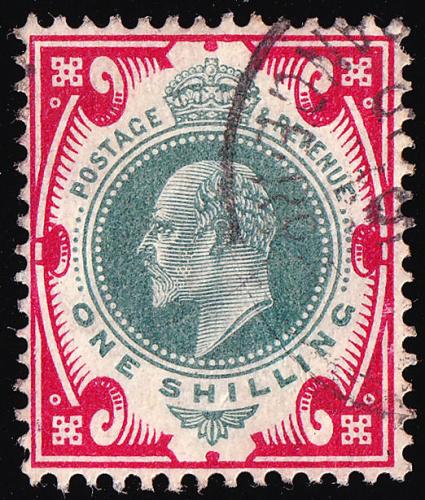 SG257 (M45) 1/- Dull Green and Carmine - Fine Used (Cat. £20)